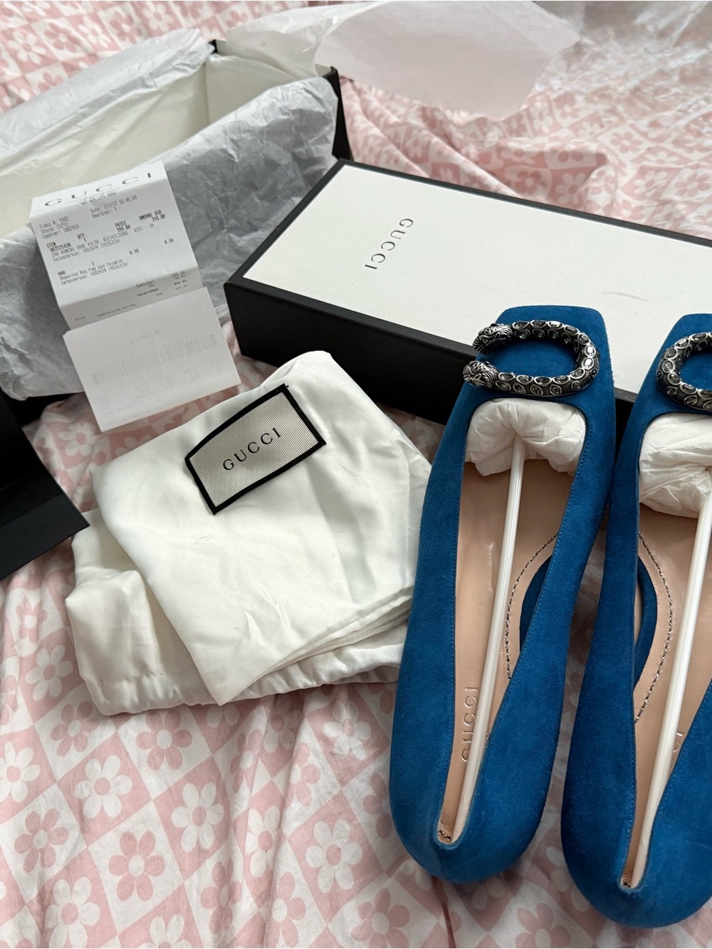 Gucci Teal-Blue Suede Ballet Flats with Silver-Tone Buckle
